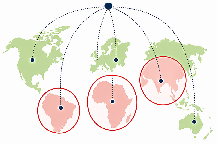 Mapa del mundo: las zonas verdes tienen mayor acceso al agua; los círculos rojos sobre Sudamérica, África y el sur de Asia marcan las áreas de mayor necesidad.