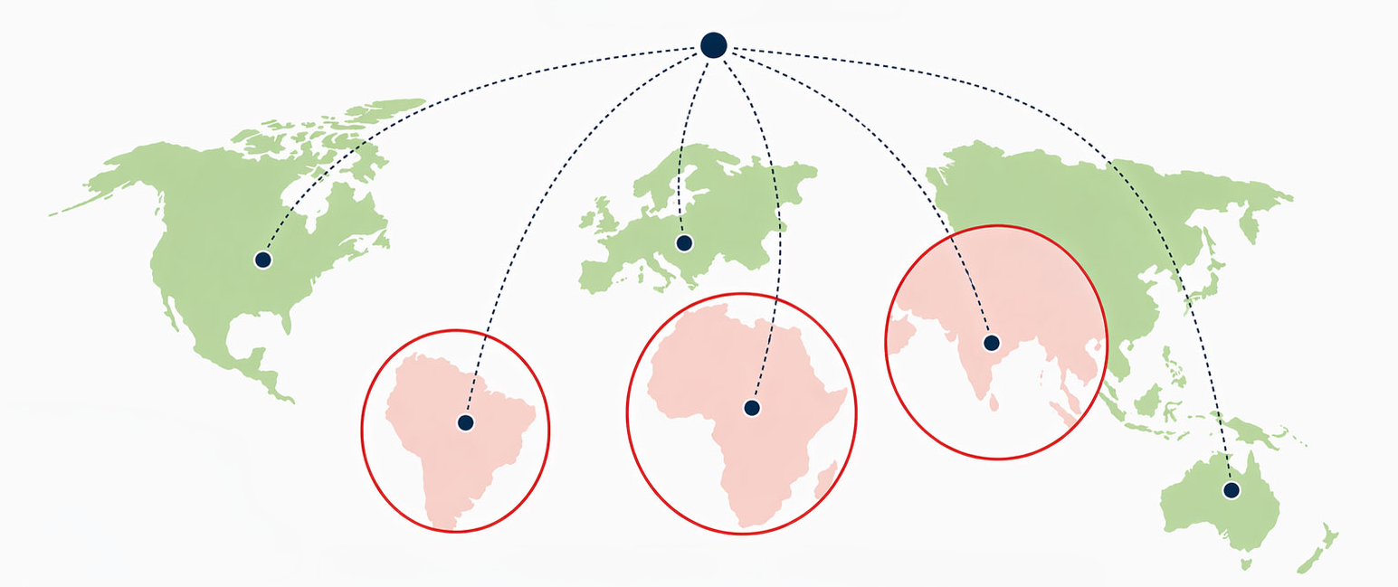 Mapa del mundo: las zonas verdes tienen mayor acceso al agua; los círculos rojos sobre Sudamérica, África y el sur de Asia marcan las áreas de mayor necesidad.