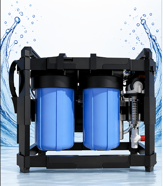 Sistema Portátil de Tratamiento de Agua Max — unidad con marco negro y varias carcasas de filtro, montada sobre una base de transporte.
