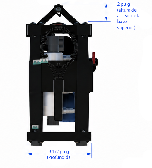 Vista lateral del Sistema Micron: 9 1/2 pulg de profundidad; el asa sobresale 2 pulg por encima de la base superior