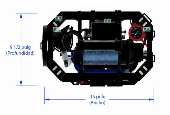 Vista superior del Sistema Micron: 15 pulg de ancho por 9 1/2 pulg de profundidad