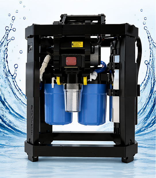 Sistema Portátil de Tratamiento de Agua Micron — unidad con marco negro y tres carcasas de filtro, montada sobre una base de transporte.