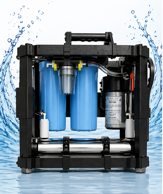 Sistema Portátil de Tratamiento de Agua Mini — unidad con marco negro y carcasas de filtro, montada sobre una base de transporte.
